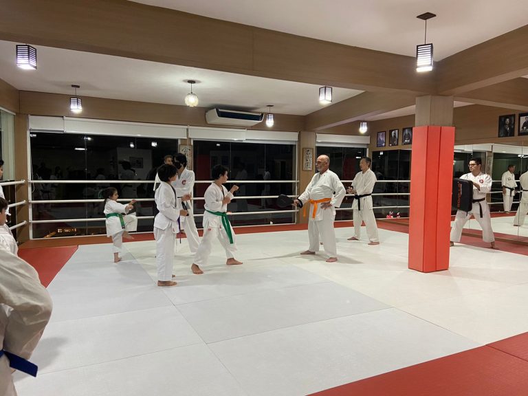 Aula de Karate em Cotia - Renbukan Brasil - Escola de Artes Marciais - Sensei Francisco Santiago - Karateca Arthur Duarte - Fiorella Bonaguro