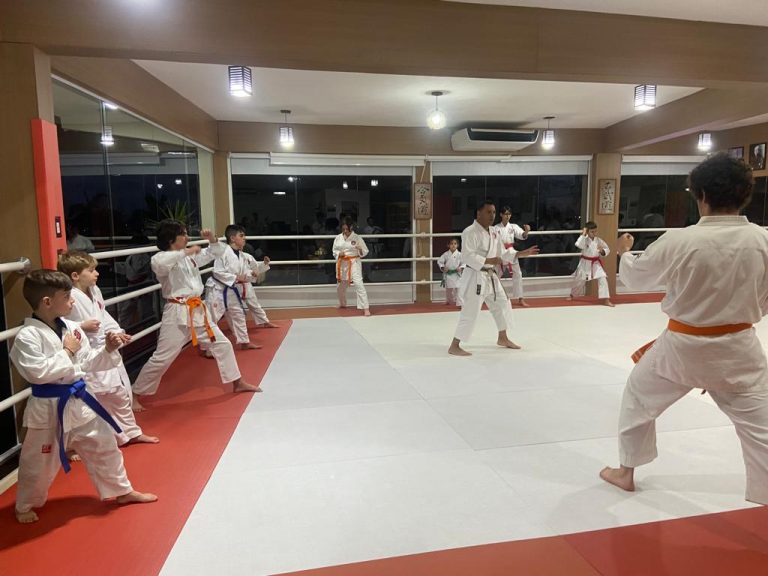 Aula de karate Shotokan - Renbukan Brasil - Escola de Artes Marciais Japonesas - Cotia - São Paulo - Sensei Francisco Santiago - Fiorella Bonaguro - Vinicius Gracci